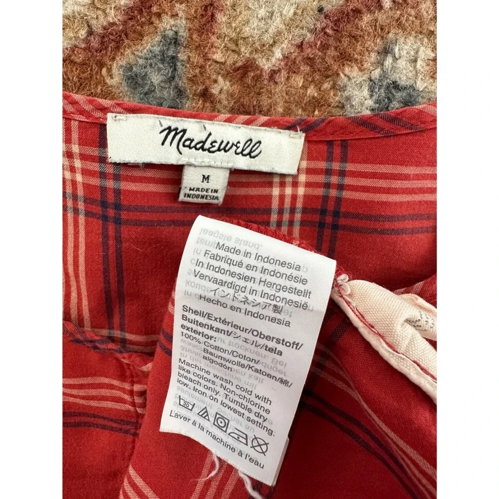 Madewell Plaid Button Front Top Red Puff Sleeve Cotton Blouse Coquette Medium